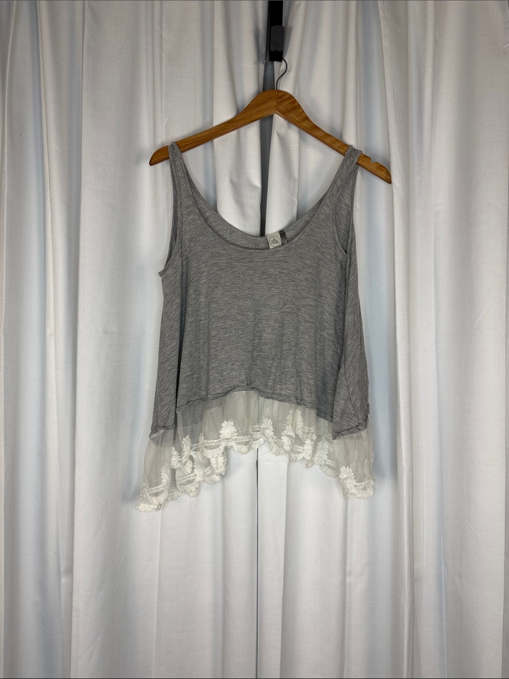 Paper Crane Gray Tank with Cream Lace Trim